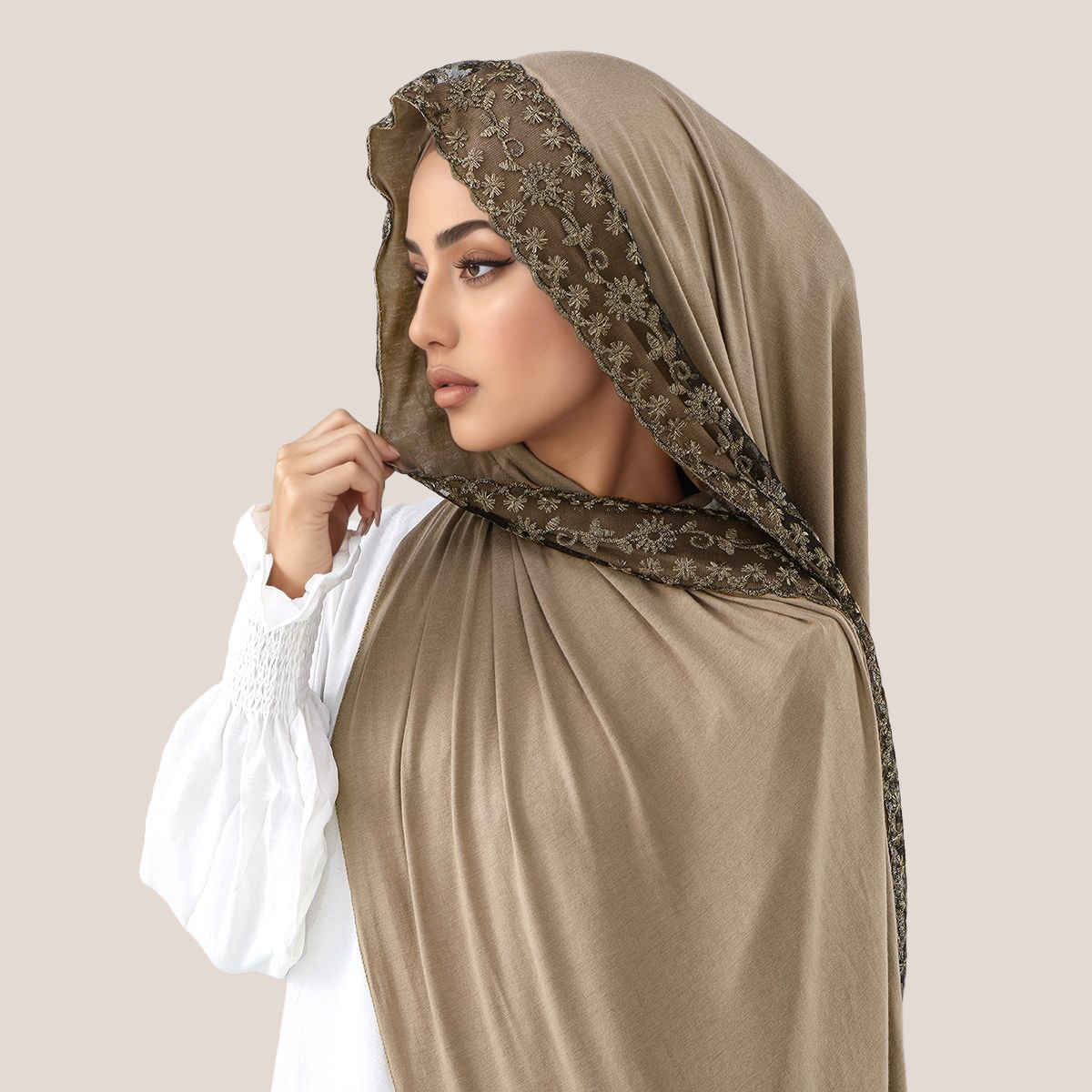 Embroidery Hijab - Jersey de algodón bordado de encaje