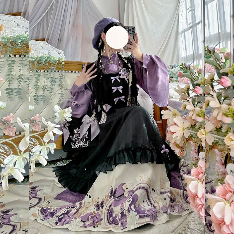 Embroidery Apron - Dulce vestido camisero largo púrpura con