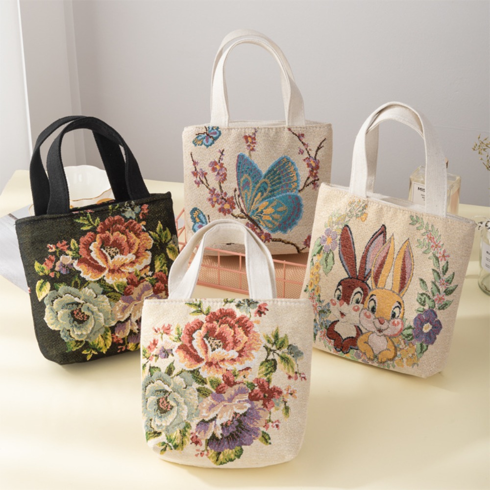 Embroidery Cat - Bolso de lona bordado con flores