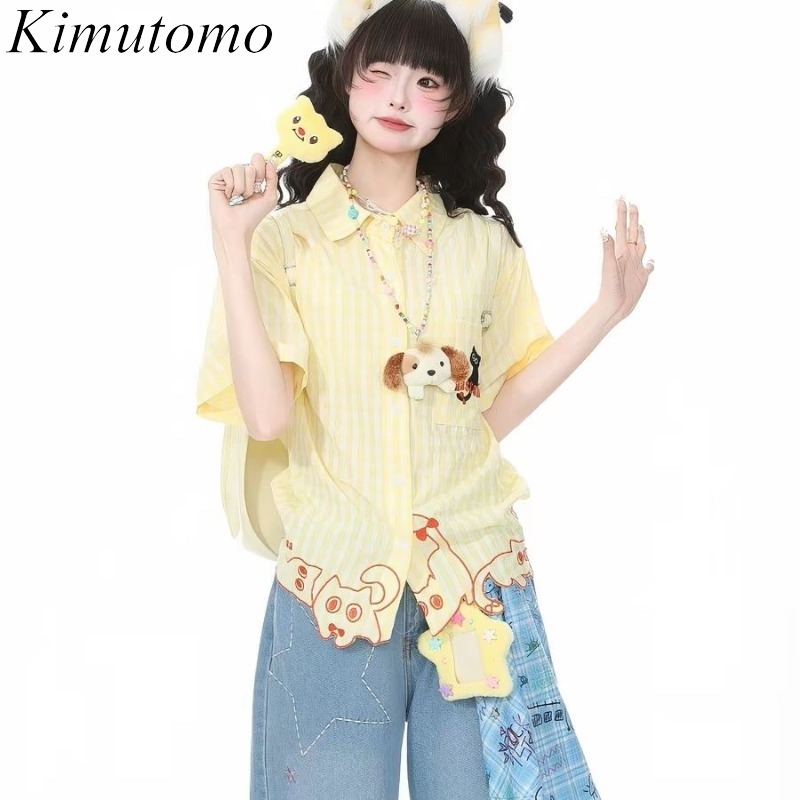 Embroidery Cat - Camisas Kimutomo para mujer, blusa informal