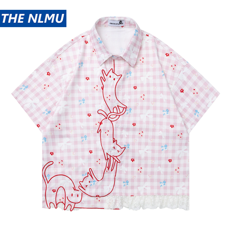Embroidery Cat - Camisa a cuadros casual de verano