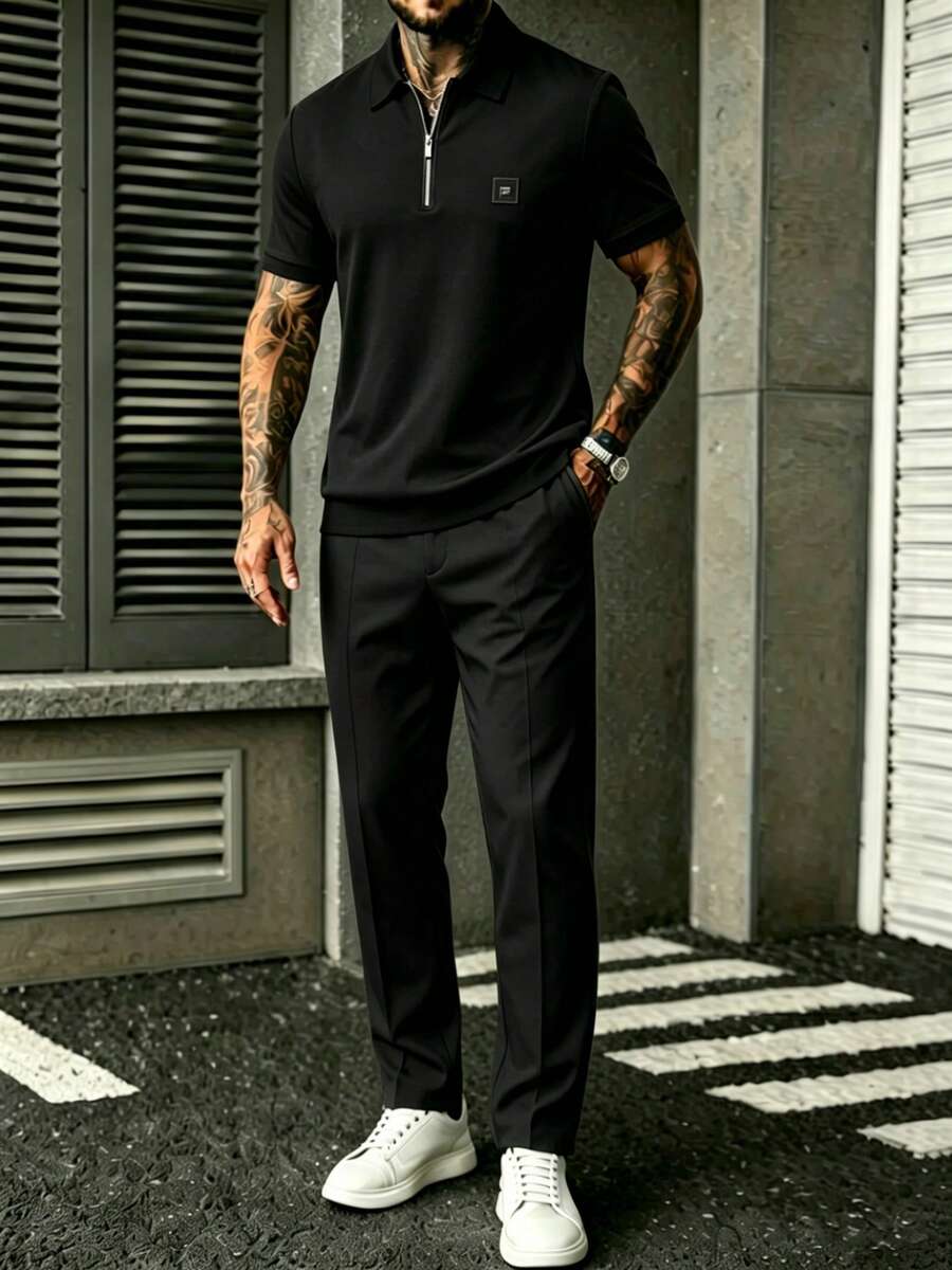 Embroidery Men Shirt - Conjunto de camisa y pantalones negros